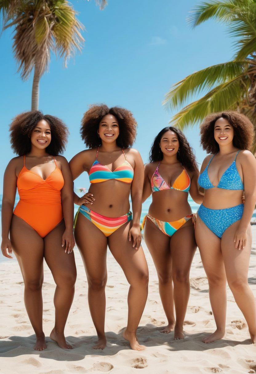 A diverse group of confident individuals of various body shapes and ethnicities wearing stylish swimsuits, gathered on a sunny beach, smiling and enjoying the ocean waves. The scene includes colorful towels and beach accessories, capturing a sense of joy and body positivity. Tropical palm trees sway in the background under a clear blue sky. summer vibes. vibrant colors. cheerful atmosphere.
