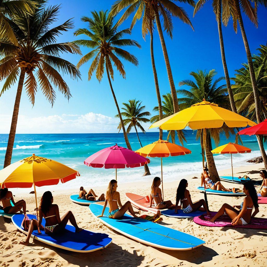 A vibrant beach scene featuring a diverse group of stylish women in trendy bikinis showcasing various summer fashion styles. Include colorful beach umbrellas, tropical palm trees, and surfboards in the background to enhance the summer vibe. The sun is shining brightly, casting warm light on the scene, giving it a cheerful and lively atmosphere. super-realistic. vibrant colors. beach setting.